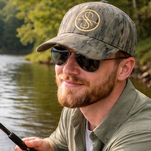 Mossy Oak Tigerstripe Camo Fishing Baseball Cap with Gold Embroidered Logo